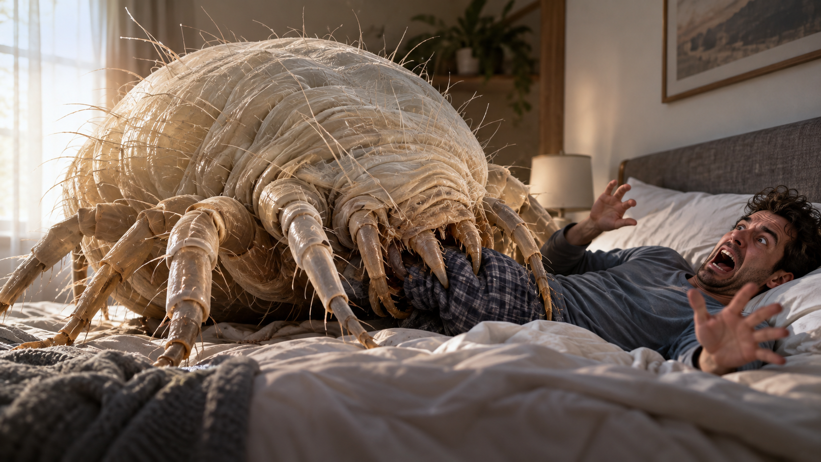Cena fictícia de um ácaro gigante sobre uma cama, ameaçando uma pessoa